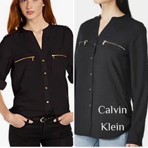 Calvin Klein Black Blouse with Gold Zipper Accents 💎 - Size Large